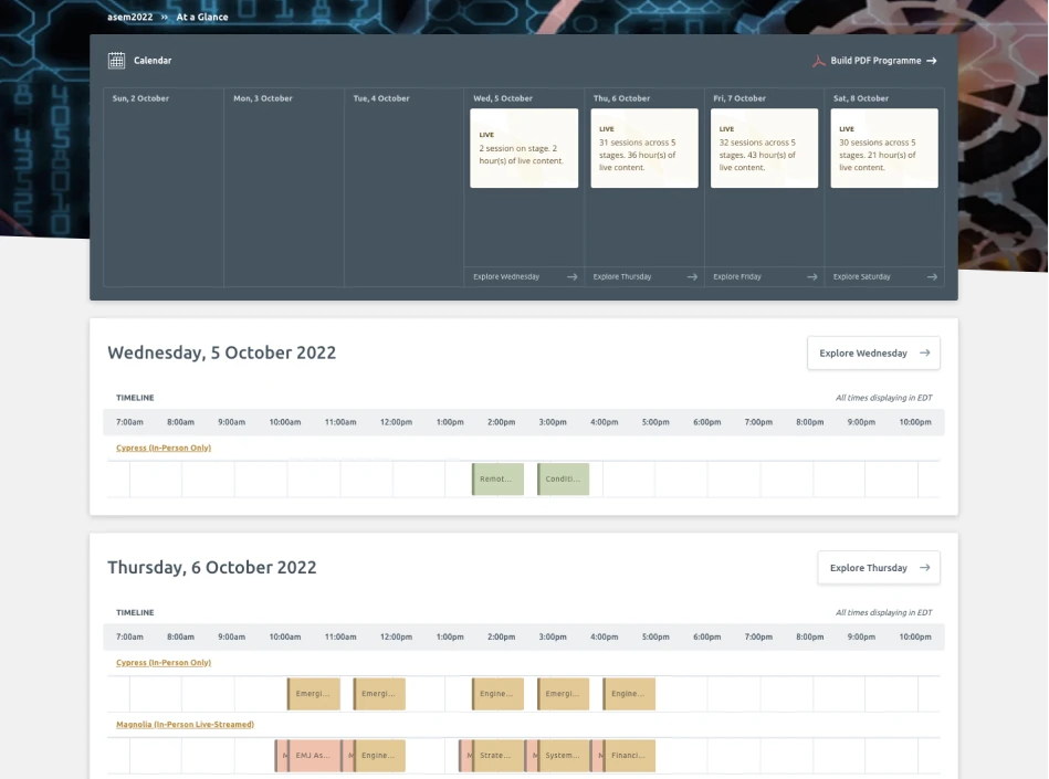 Browsing through the ASEM 2022 hIAC schedule at a glance.