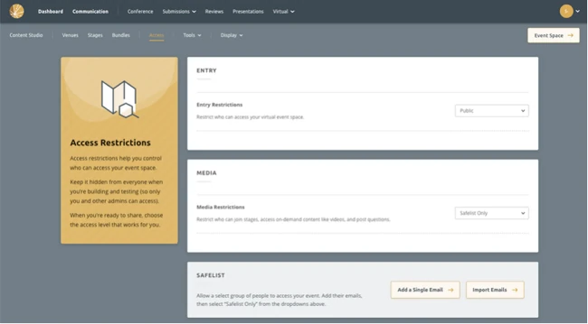 Screenshot showing access levels in Ex Ordo online conference platform