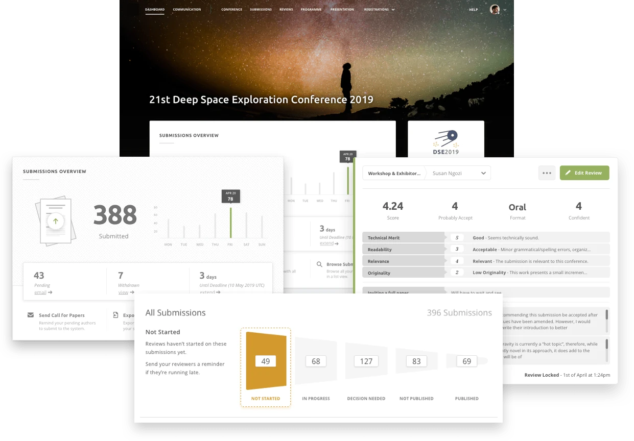 Ex Ordo Abstract Management Software montage showing conference dashboard, peer review system and review card