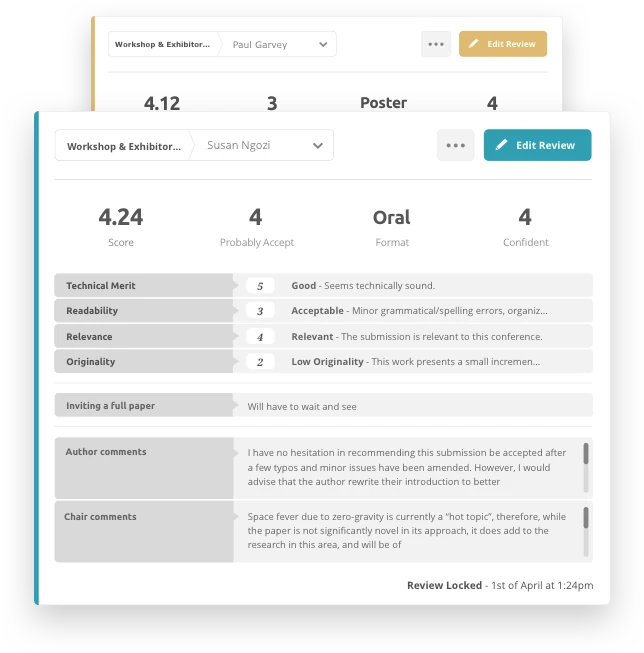 Screengrab of Ex Ordo peer review scorecard showing reviewer score, comments for author and comments for chair