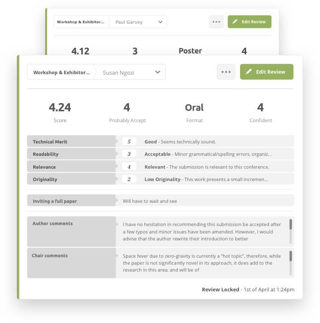 Screengrab of Ex Ordo peer review scorecard showing reviewer score, comments for author and comments for chair